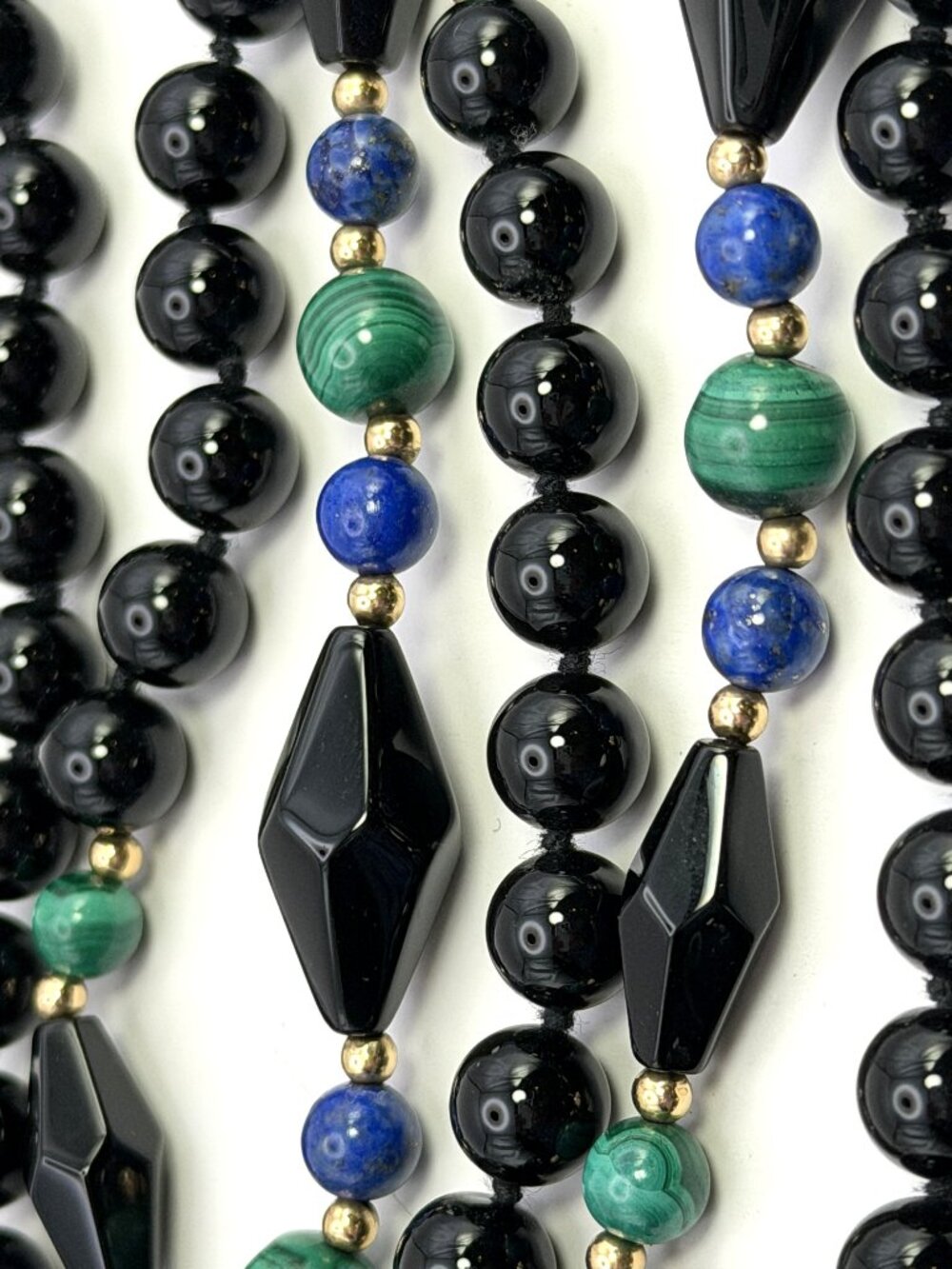 Black Blue Green Glass Bead Necklace Opera Length Individually Knotted 30”